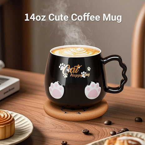 Bgbg Cute Cat Mug, Novelty Ceramic Coffee Tea Milk Cup with Lovely Kitty Lid, Kawaii Claw Spoon, Anime Coaster, Novelty Things Birthday Christmas Gift for Cat Lovers Women Her, 14 oz, Black