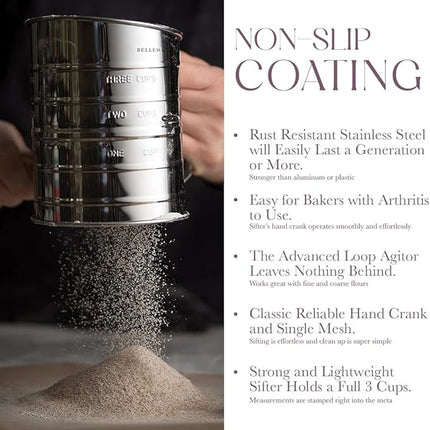 Bellemain 3 Cup Flour Sifter for Baking Fine Mesh Rotary Hand Crank with Loop Agitator for Quick Sifting, Flour Sifter Stainlees Steel