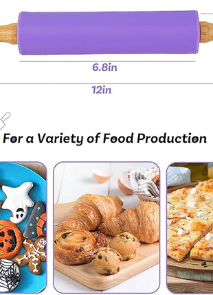 Koogel Rolling Pin for Baking, 12 Inch Non-Stick Silicone Surface, Wooden Handle Rolling Pin for Baking Pies, Pastry, Cookies, Kitchen Essential