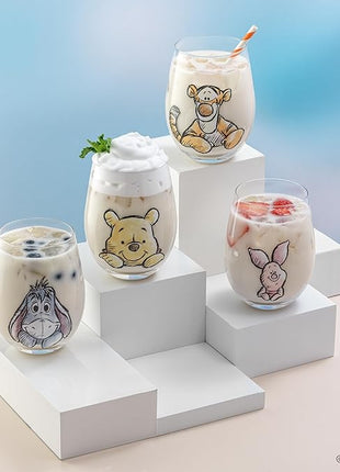JoyJolt Disney Winnie the Pooh Exploring a Classic Stemless Drinking Glasses, 19oz Glass Cups ft Pooh Bear Tigger Piglet Eeyore, Kitchen Glassware Set of 4, Winnie the Pooh Adult Gifts