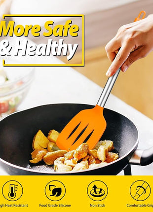 Pack of 4 Silicone Cooking Utensils Set, Non Stick Large Solid Spatulas, Heat Resistant Slotted Spoons, Ideal BPA Free Kitchen Turners for Frying, Mixing,Serving,Draining,Turning,Stirring (ORANGE)