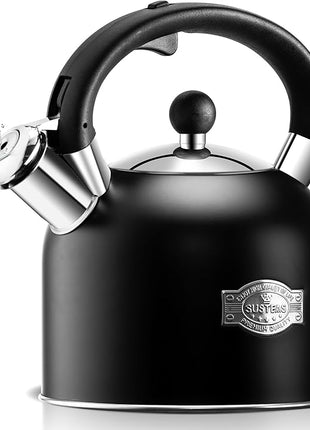 SUSTEAS Tea Kettle - 3.17QT Whistling Kettle with Ergonomic Handle - Premium Stainless Steel Tea Pots for Stove Top, Chic Vintage Teapot with Composite Base, Work for All Stovetops (Black)