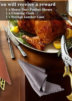 ANDONG Heavy Duty Kitchen Poultry Shears with Serrated Edge, Spring Loaded Kitchen Scissors, Professional Chicken Shears, Gold