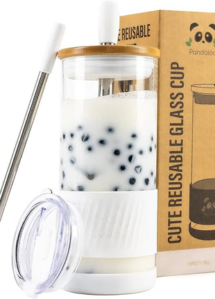 Pandaloo® Glass Cups With Lids and Straws -20 Fl Oz- Perfect Size Iced Coffee Cup - Smoothie Cup With Bamboo Lid and On the go Lid - Glass Tumbler With Straw (1 Count (Pack of 1), Coton White)