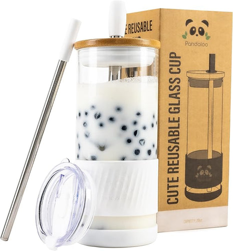 Pandaloo® Glass Cups With Lids and Straws -20 Fl Oz- Perfect Size Iced Coffee Cup - Smoothie Cup With Bamboo Lid and On the go Lid - Glass Tumbler With Straw (1 Count (Pack of 1), Coton White)