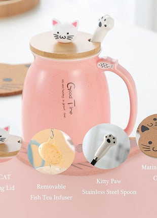 BigNoseDeer Kawaii Tea Cup with Infuser Cute Cat Mug Ceramic Coffee Mug Tea Mug Pink Cute Cool Preppy Stuff Gifts for Women Cat lover Gifts 13oz
