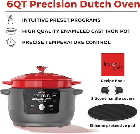 Instant Pot Electric Round Dutch Oven,6-Quart 1500W,From the Makers of Instant Pot,5-in-1: Braise,Slow Cook,Sear/Sauté,Food Warmer,Cooking Pan,Enameled Cast Iron,Included Recipe Book,Red