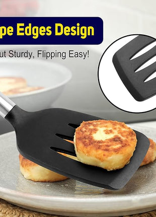 HOTEC Silicone Spatula Set of 2 Heat-Resistant 600°F & BPA-Free Kitchen SaptulaTurner with Stainless Steel Handles, Slotted & Solid Spatulas for Nonstick Cookware, 13.7 Inch, Black