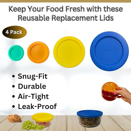 1, 2, 4 & 7 Cup Green, Orange, Yellow, Blue Replacement Lids/Covers for Pyrex, Anchor Hocking & KlareWare Storage Bowls *Lids Only Glass Container Not Included* (4 Pack *One of Each Size*)