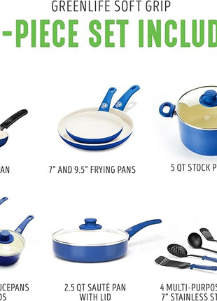 GreenLife 16 Piece Nonstick Cookware Set, Soft Grip Non-Toxic PFAS-Free Ceramic Pots & Pans, Dishwasher & Oven Safe, Frying, Sauce, Saute, Utensils, Glass Lids, Stay-Cool Handles, Wobble Free, Blue