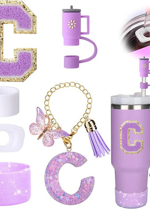 Mity rain 6PCS Cup Accessories Set for Stanley Cup 30oz 40oz tumbler with handle, Including Silicone Straw Topper Cover Cap and Boot, Spill Proof Stopper, Handle Charm, Initials Sticker (Letter C)