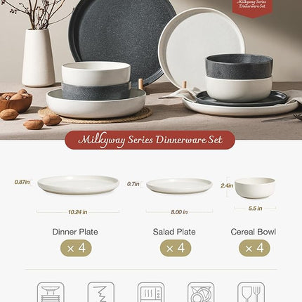 Famiware Milkyway Plates and Bowls Sets, 12 Pieces Dinnerware Sets, Reactive Glaze Dish Set, Stoneware Dishes Set for 4, Matte Beige White & Matte Dark Charcoal