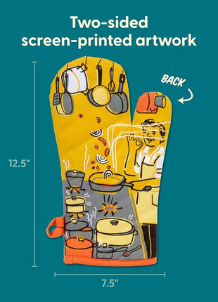 Blue Q Man With a Pan Funny Oven Mitts - Cute Oven Mitts, Home Kitchen Gifts, Cooking Accessories, Super-Insulated Quilting, Comfy Natural-Fitting Shape, 100% Cotton, Machine Wash, Size 12.5"L x 7.5"W
