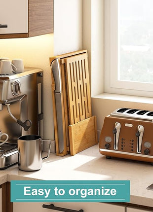 Large Bamboo Bread Slicer with Serrated Knife, Adjustable Bread Slicer Guide with 3 Thickness Size, Foldable Compact Chopping Cutting Board with Crumb Tray (Extra A - with Knife)