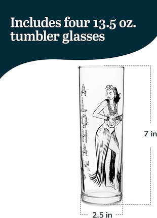 Libbey Zombie Clear Glass Tumbler Set, Vintage-Style Tiki Drinking Glasses Set of 4, Exotic, Tall Drinking Glass Cups for Backyard Luau or Pool Party