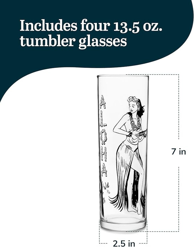 Libbey Zombie Clear Glass Tumbler Set, Vintage-Style Tiki Drinking Glasses Set of 4, Exotic, Tall Drinking Glass Cups for Backyard Luau or Pool Party