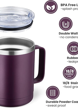 MEWAY 12oz Coffee Mug With Handle 2 Pack Bulk,Stainless Steel Insulated Travel Tumblers With Sliding Lid,Double Wall Vacuum Camping Cup for Hot & Cold Drinks Tea (Forest Green&Plum,Set of 2)