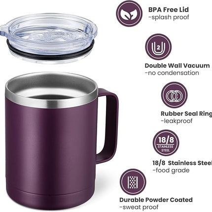 MEWAY 12oz Coffee Mug With Handle 2 Pack Bulk,Stainless Steel Insulated Travel Tumblers With Sliding Lid,Double Wall Vacuum Camping Cup for Hot & Cold Drinks Tea (Forest Green&Plum,Set of 2)