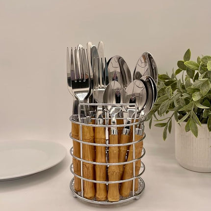 The Original Brink House Beyond Bamboo Stainless Steel Cutlery Set with Naturalistic Bamboo Handles / 16 pieces with Metal Stand, Lifestyle utensils set for home, first apartment, dorm, outdoor events