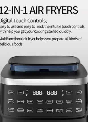 12-IN-1 Large Air Fryer, Non Toxic Steam Air Fryers with Superior Airflow, Self-Cleaning Smart Digital Air Fryer, Air Fry, Roast, Reheat, Dehydrate, Air Crisp Technology with 420F, 7.5 QT