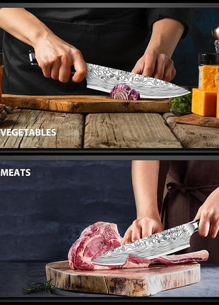 MOSFiATA 8" Super Sharp Professional Chef's Knife with Finger Guard and Knife Sharpener, German High Carbon Stainless Steel EN1.4116 with Micarta Handle and Gift Box