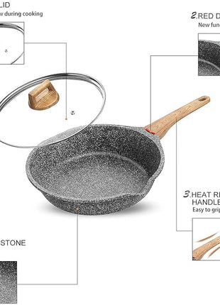 Induction Nonstick Skillet Frying Pan With Lid,Swiss Granite Omelette Pan, Scratch-Resistant Safe Cookware Set，PFOA Free(8 inch)