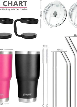30oz Tumbler, 2 Packs Stainless Steel Double Wall Vacuum Insulated Tumbler Travel Mug With 8Pcs Reusable Straw, 2Pcs Slider Lid, Cleaning Brush, 2Pcs Handles (Black + Purple)