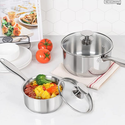 MICHELANGELO 1Qt & 2Qt Tri-ply Stainless Steel Saucepan Set, Small Cooking Pots with Tempered Glass Lids, Induction Ready, Oven & Dishwasher Safe, Multipurpose Sauce Pans for Home Kitchen & Restaurant