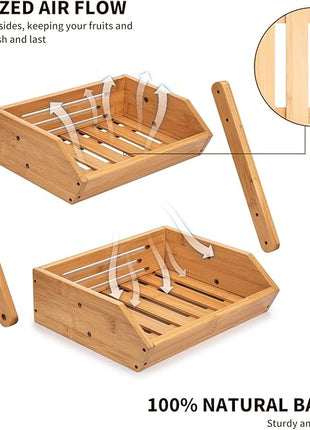 2 Tier Fruit Basket For Kitchen- Bamboo Fruit and Vegetable Storage Bowl Stand For Kitchen Countertop, , Produce Basket Fruit Holder for Potato, Onion, Bread, Snack Storage