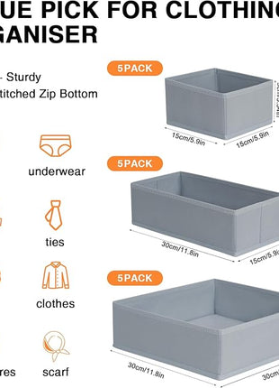 DIMJ Drawer Organizer Clothes, 15 Pack Underwear Organizer, Foldable Closet Bins, Sock Organizer Bra Cube, Fabric Dresser Box for Clothes, Bra, Socks, Tie (Grey)