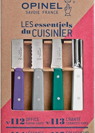Opinel Les Essentials Small Kitchen 4 Piece Knife Set - Paring Knife, Serrated Knife, Peeler, Vegetable Knife, Corrosion Resistant High Carbon Steel, Made in France (Art Deco)