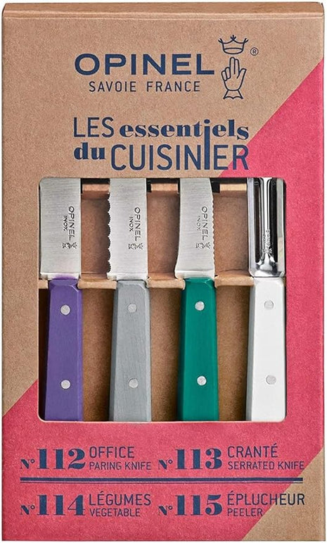 Opinel Les Essentials Small Kitchen 4 Piece Knife Set - Paring Knife, Serrated Knife, Peeler, Vegetable Knife, Corrosion Resistant High Carbon Steel, Made in France (Art Deco)