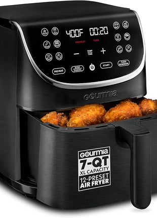 Gourmia Air Fryer - 7 Qt Large Capacity, FryForce 360º, Digital Display with 12 Presets, Roast, Bake, Broil, Dehydrate, Dishwasher Safe Accessories, Black