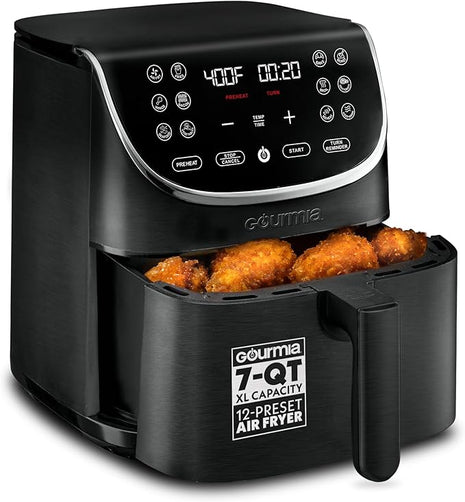 Gourmia Air Fryer - 7 Qt Large Capacity, FryForce 360º, Digital Display with 12 Presets, Roast, Bake, Broil, Dehydrate, Dishwasher Safe Accessories, Black