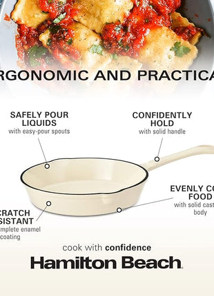 Hamilton Beach Enameled Cast Iron Fry Pan 8-Inch Cream, Cream Enamel Coating, Skillet Pan for Stove Top and Oven