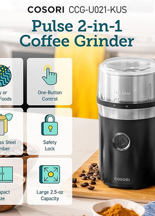 COSORI Electric Coffee Grinders for Spices, Seeds, Herbs, and Coffee Beans, Spice Blender and Espresso Grinder, Wet and Dry Grinder, Included 2 Removable Stainless Steel Bowls, Black