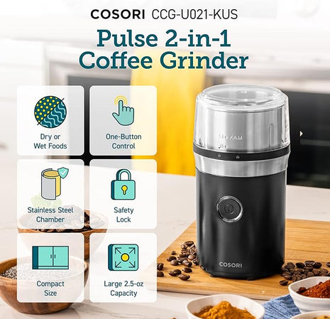 COSORI Electric Coffee Grinders for Spices, Seeds, Herbs, and Coffee Beans, Spice Blender and Espresso Grinder, Wet and Dry Grinder, Included 2 Removable Stainless Steel Bowls, Black
