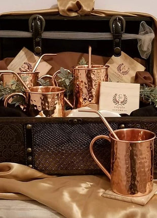 Gift Set Pure Copper Hammered Mugs with Copper Straws & Wooden Coasters Set of 4 - PREMIUM QUALITY -16 Oz Copper Mug - 100% Handcrafted - A Gift Pack for your loved Ones.