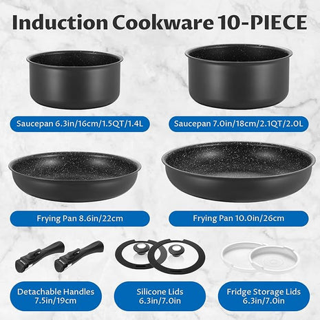 BEZIA Induction Cookware Set 10 Pieces, Nonstick Pots and Pans Set with Removable Handles, for All Hobs, Stackable Design, Dishwasher/Oven Safe, PFAS Free