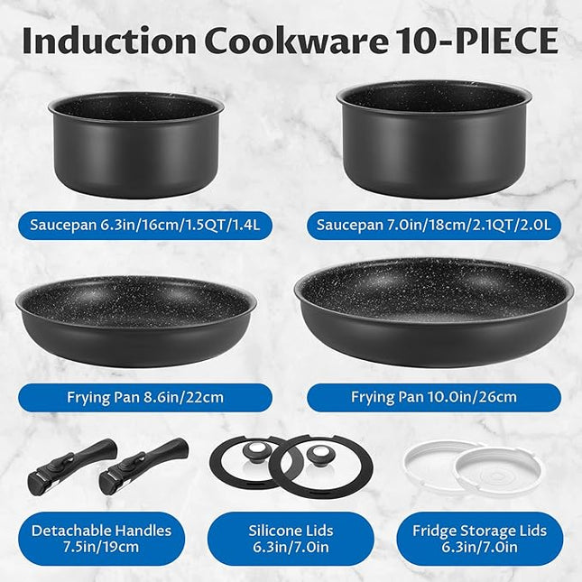 BEZIA Induction Cookware Set 10 Pieces, Nonstick Pots and Pans Set with Removable Handles, for All Hobs, Stackable Design, Dishwasher/Oven Safe, PFAS Free