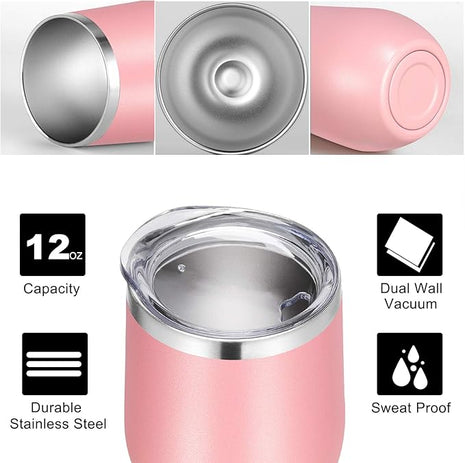 VEGOND Wine Tumblers Bulk 12 Pack, 12oz Stainless Steel Stemless Wine Glass with Lids and Straws, Double Wall Vacuum Insulated Tumbler Cup, Coffee Mug for Cold Hot Drinks