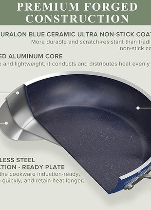 Nuwave Healthy Duralon Blue Ceramic Nonstick Cookware Set, Diamond Infused Scratch-Resistant, PFAS Free, Dishwasher & Oven Safe, Induction Ready & Evenly Heats, Tempered Glass Lids & Stay-Cool Handles