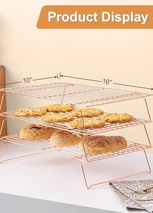 Cooling Rack for Baking 3 Tiers, 16" x 10" Cookie Cooling Wire Rack Stackable Collapsible Nonstick, Stainless Steel Baking Cooking Cooling Racks with Optimum Air Flow, Rose Gold