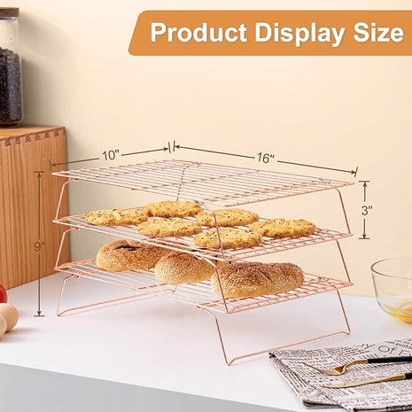 Cooling Rack for Baking 3 Tiers, 16" x 10" Cookie Cooling Wire Rack Stackable Collapsible Nonstick, Stainless Steel Baking Cooking Cooling Racks with Optimum Air Flow, Rose Gold