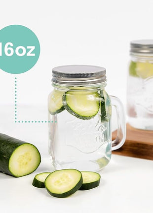 Estilo Mason Jar, 16 oz, Set of 6, Glass Drinking Cups with Handles, Tin Lids, Overnight Oats Jars, Smoothie Cups