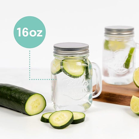Estilo Mason Jar, 16 oz, Set of 6, Glass Drinking Cups with Handles, Tin Lids, Overnight Oats Jars, Smoothie Cups