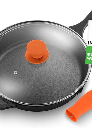 NutriChef 12-Inch Cast Iron Skillet w/Lid - Pre-Seasoned, Oven Safe, Nonstick, Cool-Touch Silicone Handle, For All Cooktops - NCCI12