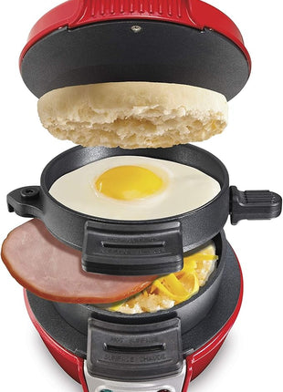 Hamilton Beach Breakfast Sandwich Maker with Egg Cooker Ring, Customize Ingredients, Perfect for English Muffins, Croissants, Mini Waffles, Perfect White Elephant Gifts, Red (25476)
