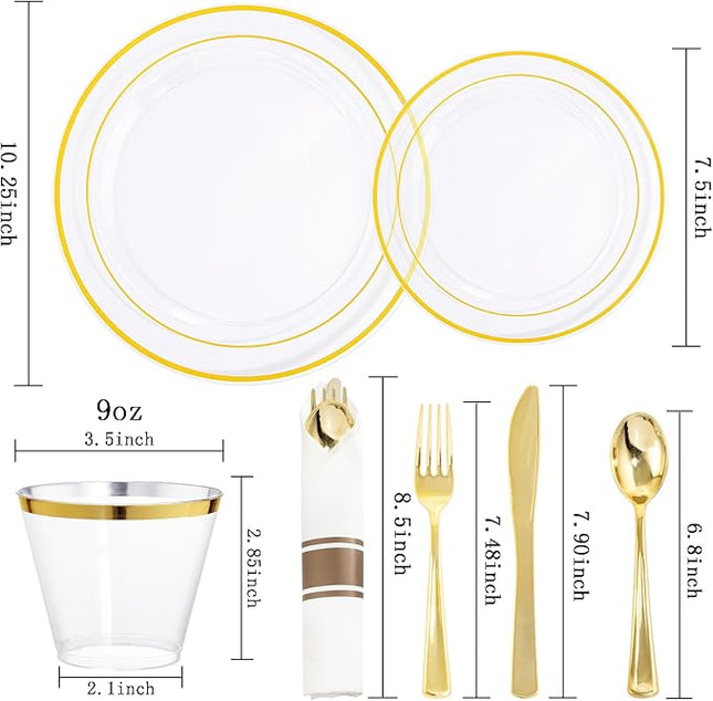 WELLIFE 210PCS Clear-Gold Plastic Plates - Dinnerware Sets for 30 Guests - 60 Disposable Plates, 90 Plastic Silverware, 30 Cups, 30 Napkins for Party