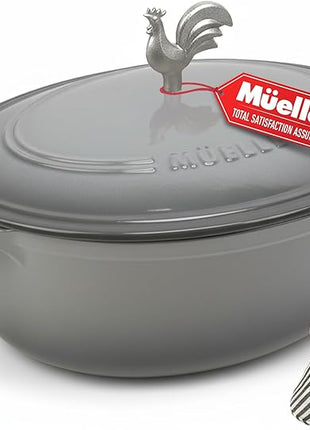 MUELLER HOME 5.5 Quart Enameled Cast Iron Oval Dutch Oven with Rooster Knob & Cotton Potholders, Heavy-Duty Cookware, Oven-Safe up to 500° F & Across All Cooktops, Gifts for Grandma & Women, Gray
